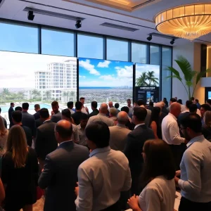 Attendees at the Miami Pre-Construction Development Summit networking amidst luxury real estate displays.