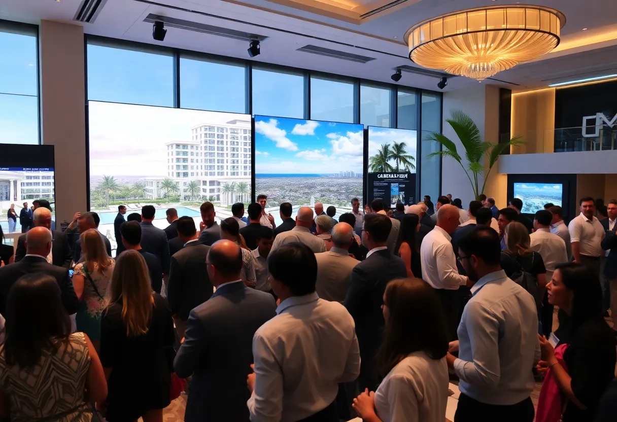 Attendees at the Miami Pre-Construction Development Summit networking amidst luxury real estate displays.
