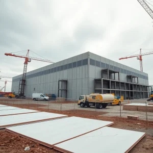 Construction site with cranes and concrete work for a large industrial and self-storage building near the coast