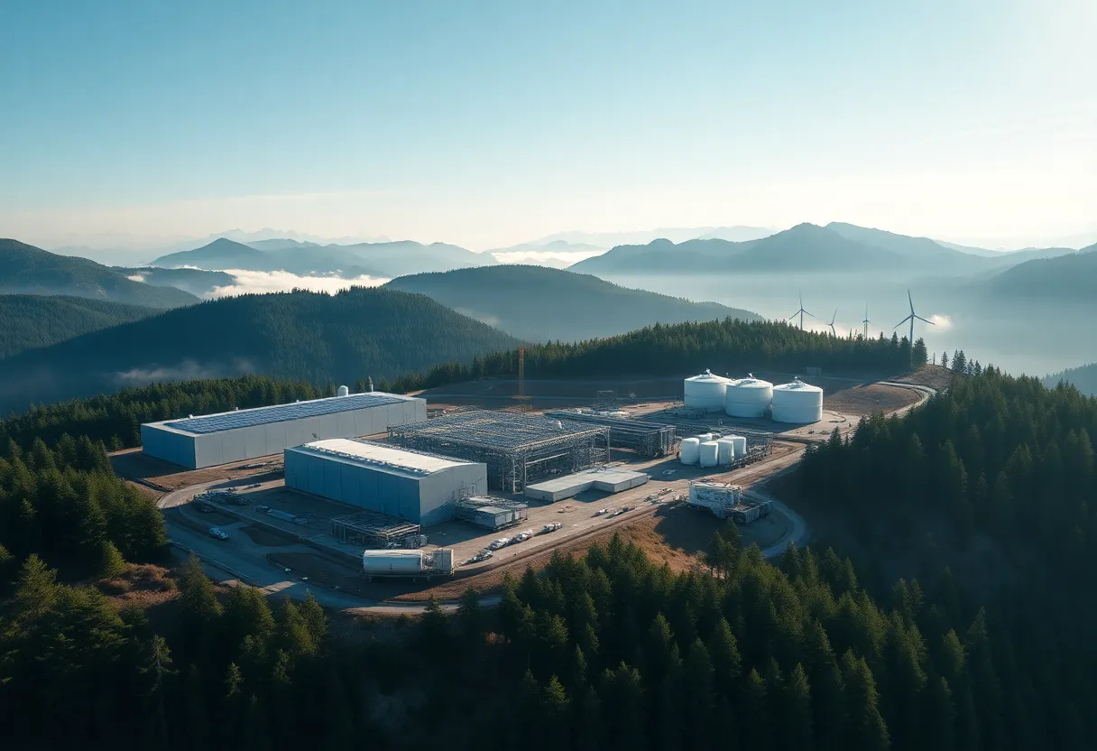Aerial view of chemical plant and 16-MW electrolyzer in forested Southern Alps