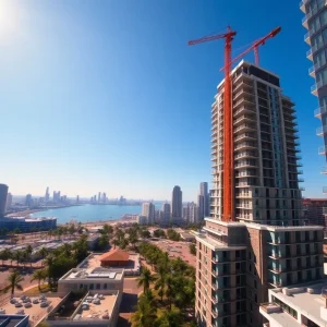 Downtown high-rise tower under construction beside a low-rise suburban apartment complex with cranes and palm trees