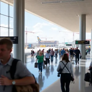 Passenger terminal at Northwest Florida Beaches International Airport with construction in the background.