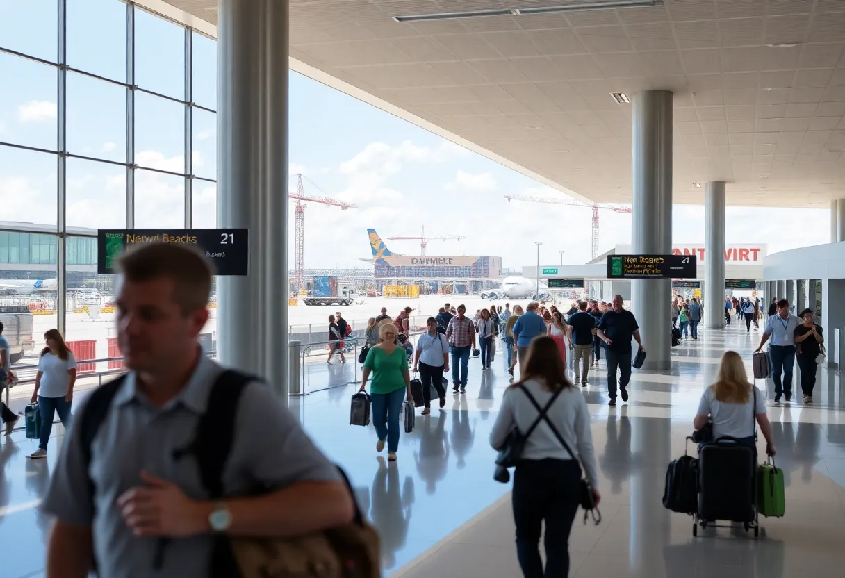 Passenger terminal at Northwest Florida Beaches International Airport with construction in the background.