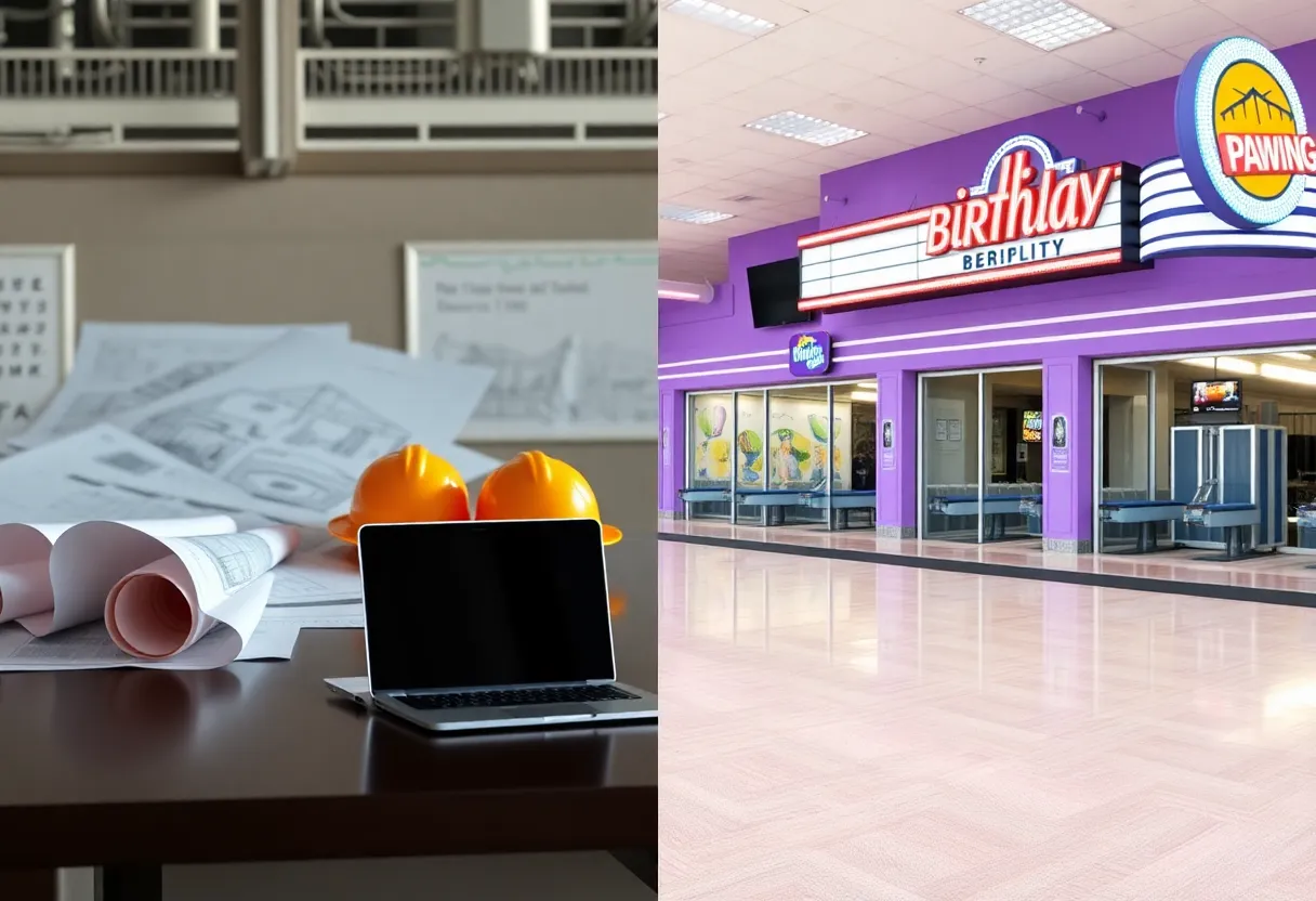 Construction blueprints and a purple-fronted bowling alley exterior shown side by side