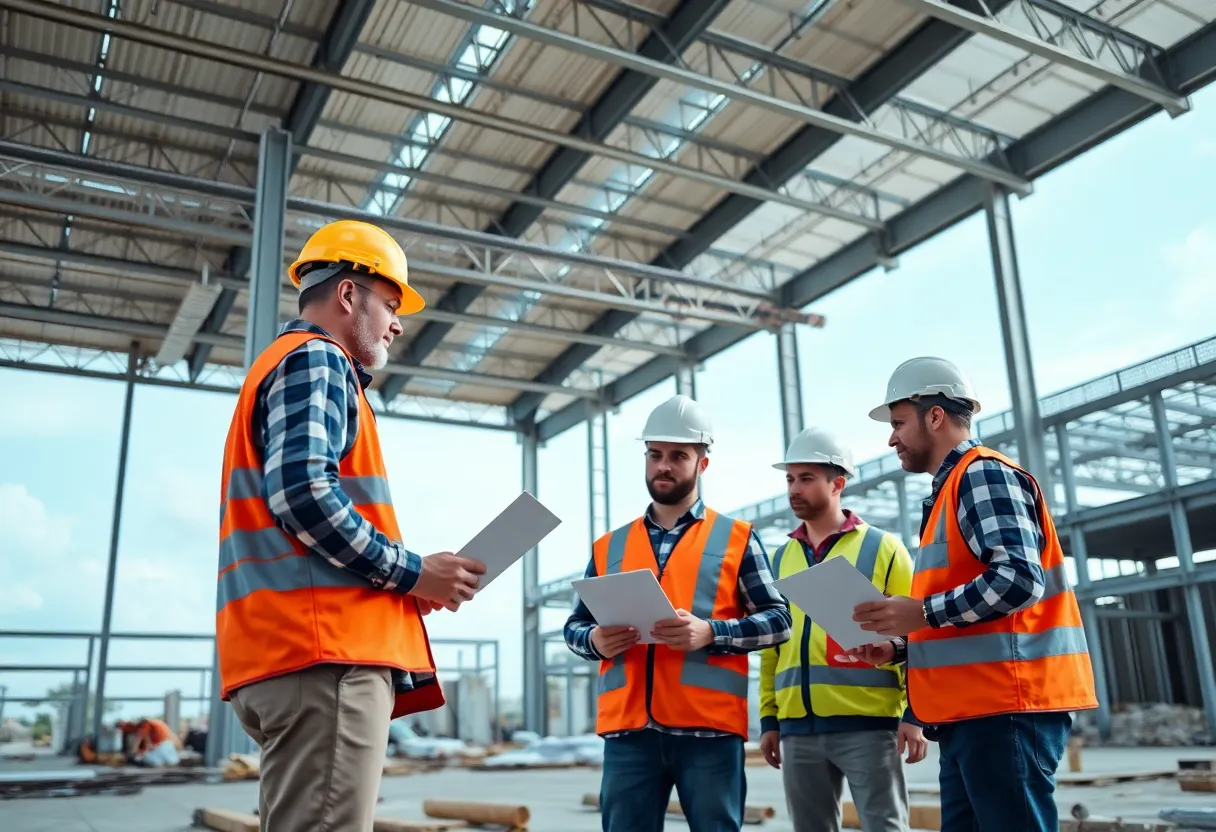 Team of construction workers collaborating on site in North Florida