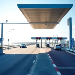 Rendering of the new Pensacola Beach Gateway improvements including the modern toll plaza.