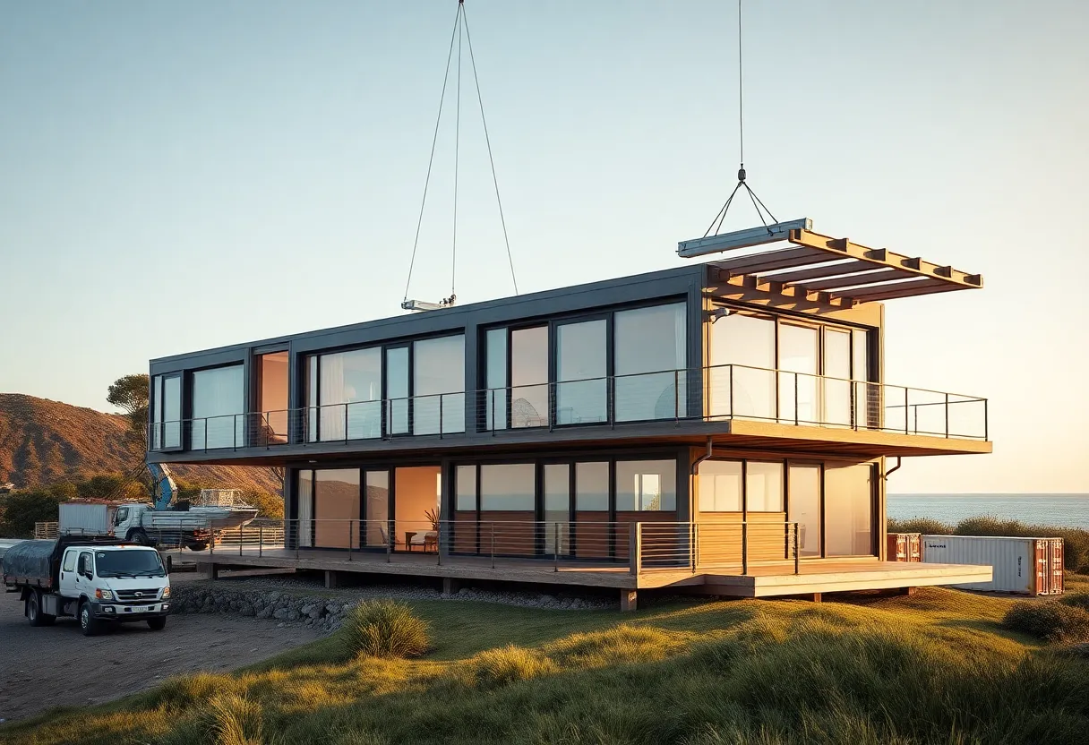 Modular prefab home with steel-frame modules being craned into place on a sloping coastal site with large windows and decking