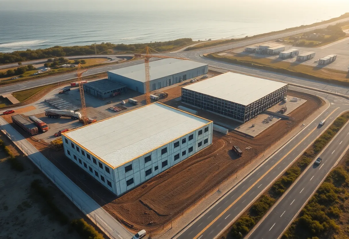Aerial view of mixed industrial buildings and self-storage units under construction at Quogue Business Park