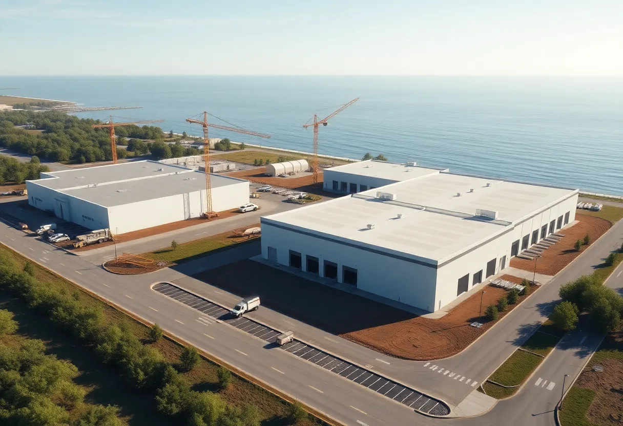 Aerial rendering of Quogue Business Park showing two industrial buildings, a two-story self-storage facility and landscaped native buffer