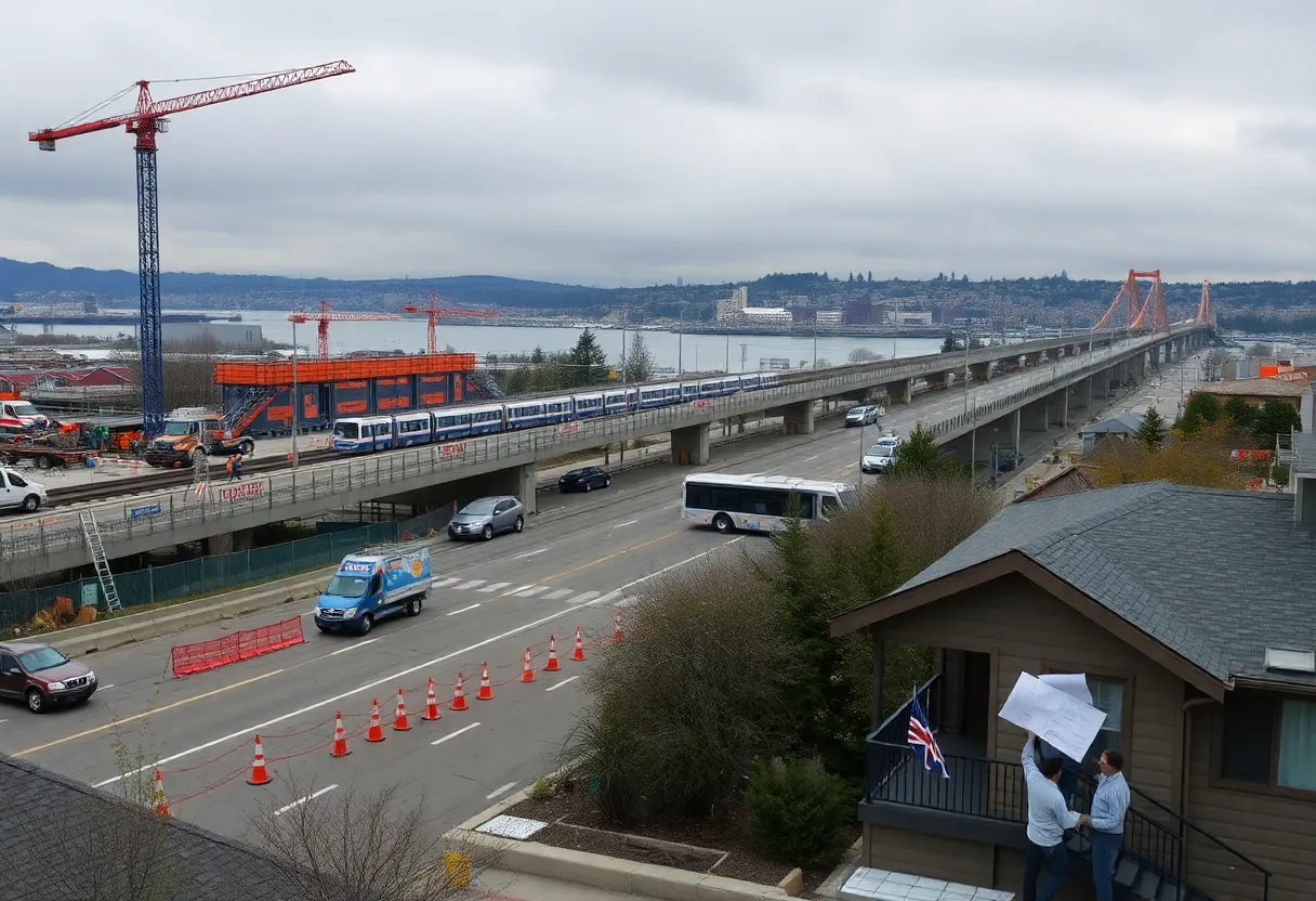 Seattle construction sites including light-rail bridge work, Ship Canal Bridge lane closures, and contractors reviewing plans at a home exterior