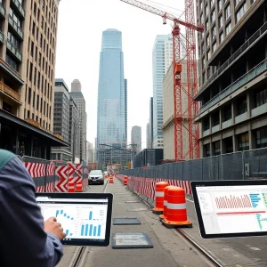 Engineers reviewing light rail station plans with project-management dashboards on laptops at a downtown Seattle construction site