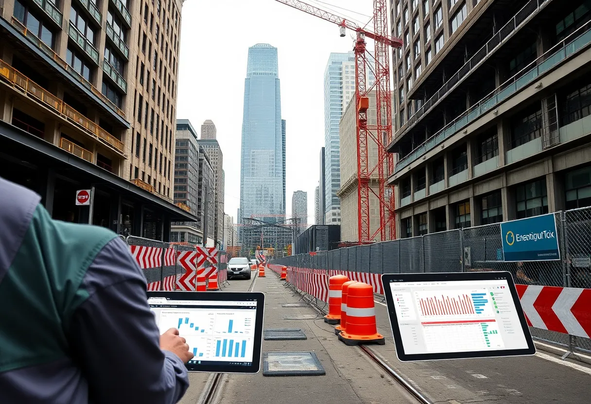 Engineers reviewing light rail station plans with project-management dashboards on laptops at a downtown Seattle construction site