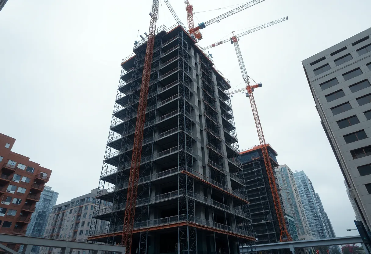 18-storey student housing construction site with cranes and scaffolding in Vancouver