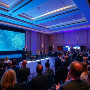 Hotel ballroom stage with tech awards ceremony, audience applauding under blue and purple lighting