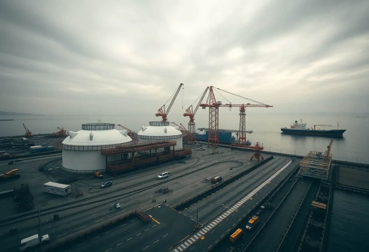 Texas LNG export facility under construction at Port of Brownsville with LNG tanks, cranes, and a tanker in the harbor