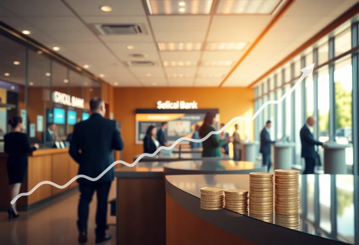 Interior of a modern bank branch with a translucent upward stock chart overlay symbolizing earnings and dividend growth