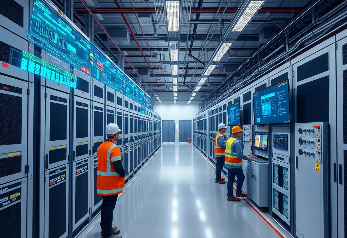 Data center interior with power equipment and holographic digital twin overlays showing power flows