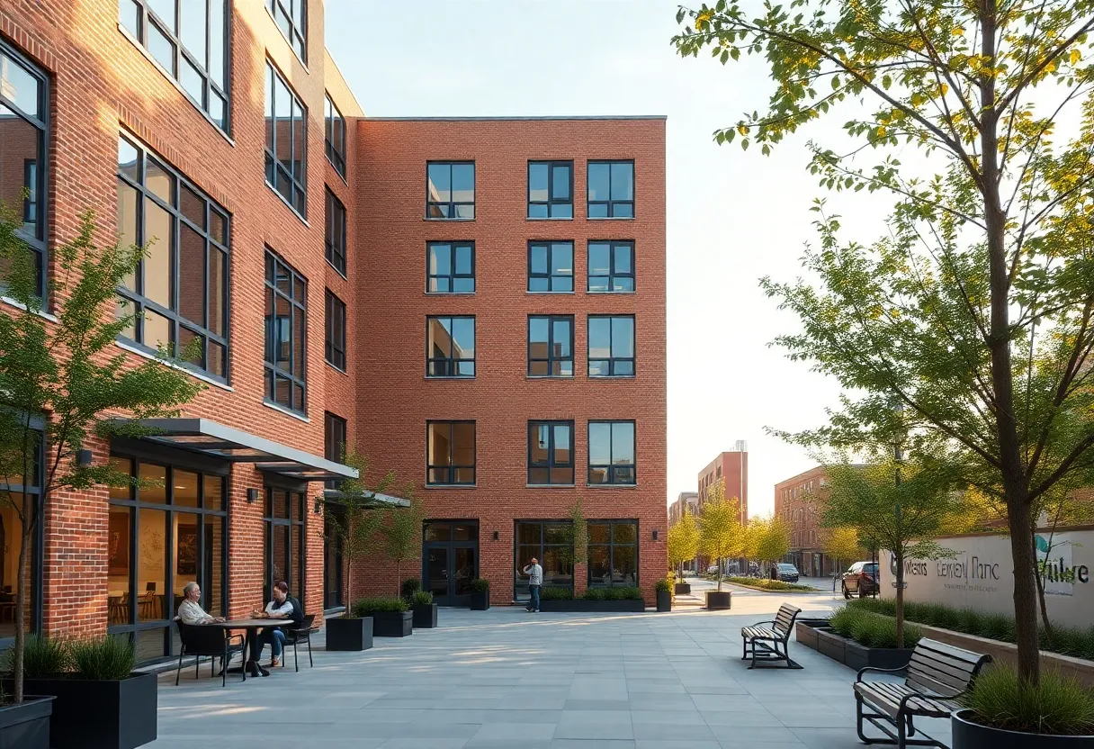 Exterior of a five‑story affordable senior apartment building with terrace and landscaped frontage in Skyland, Washington, D.C.
