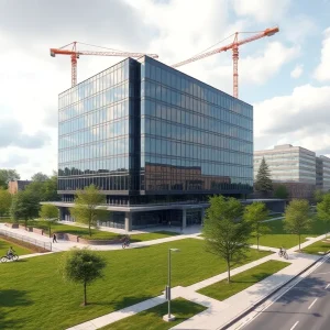 Architectural rendering of a modern 150,000 sq ft office headquarters on a college campus with landscaped grounds and construction elements.