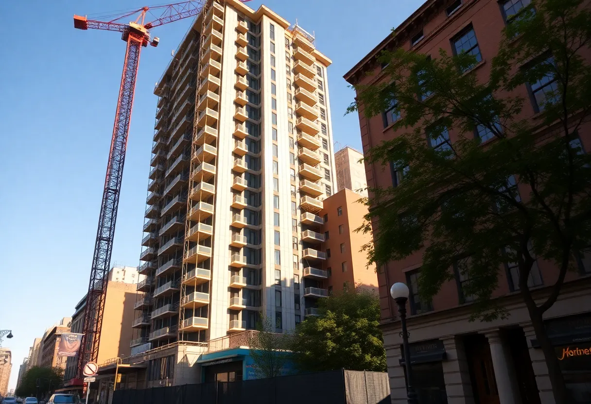 Photorealistic exterior of an 18-story condominium under construction at 171 East 86th Street, Upper East Side, with crane and scaffolding