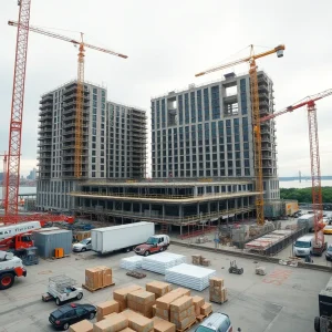Construction site at 550 West 21st Street in West Chelsea with cranes, concrete work and Hudson River in the background