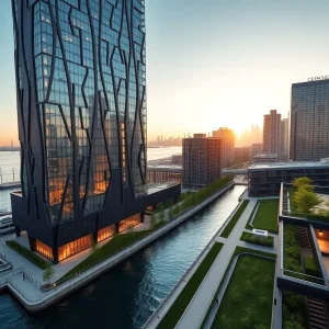 25-story glass waterfront tower at 615 River Road with ferry terminal and waterfront park on the Hudson River
