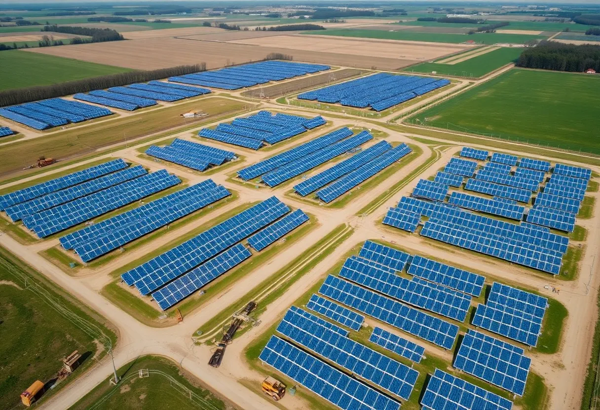 Aerial view of multiple ground-mounted photovoltaic farms and connection infrastructure in the Polish countryside