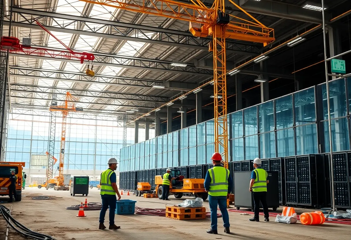 Construction site for an AI data center with workers and machinery