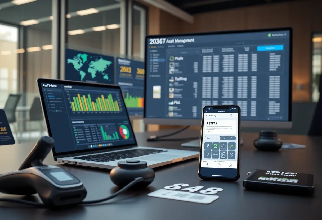 Laptop and monitor showing an asset management dashboard with charts, barcode scanner, smartphone and RFID tags on a desk.