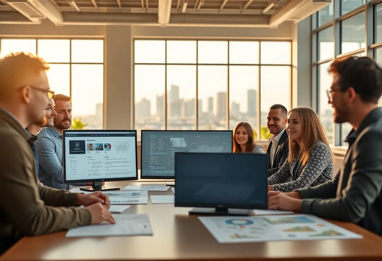 Diverse team collaborating in a modern Austin office with screens showing service directory and construction blueprints