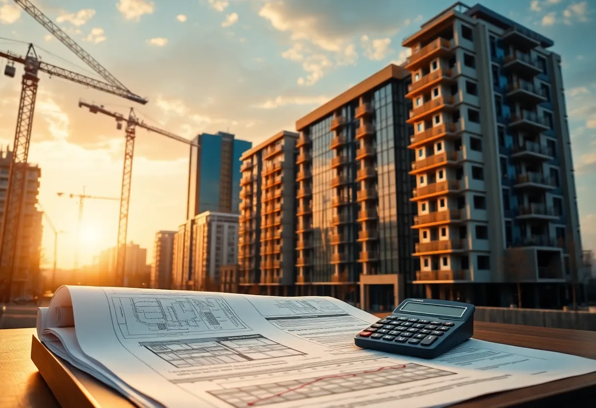 Urban construction site with cranes, blueprints and loan documents in front of a modern bank building representing expanded bridge lending capacity