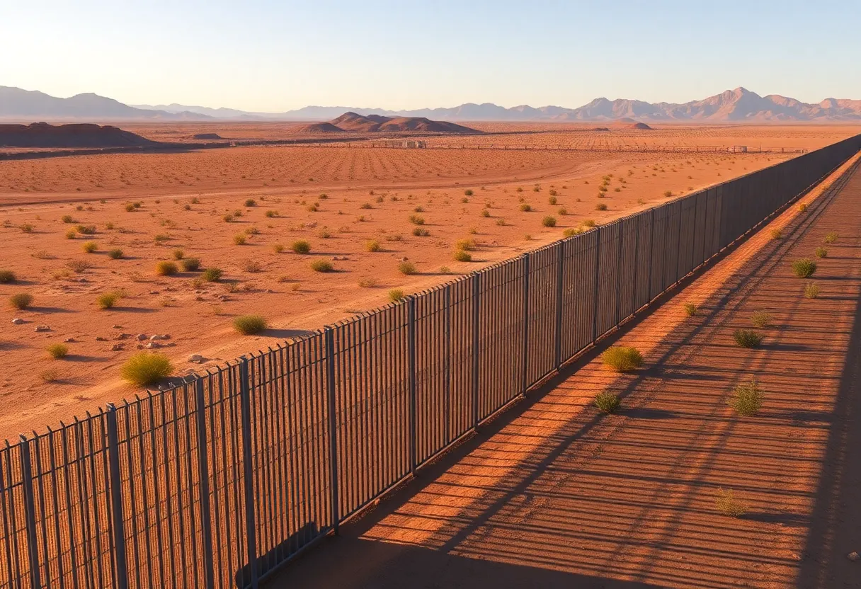 Illustration of border wall construction detailing advanced designs in a desert landscape.