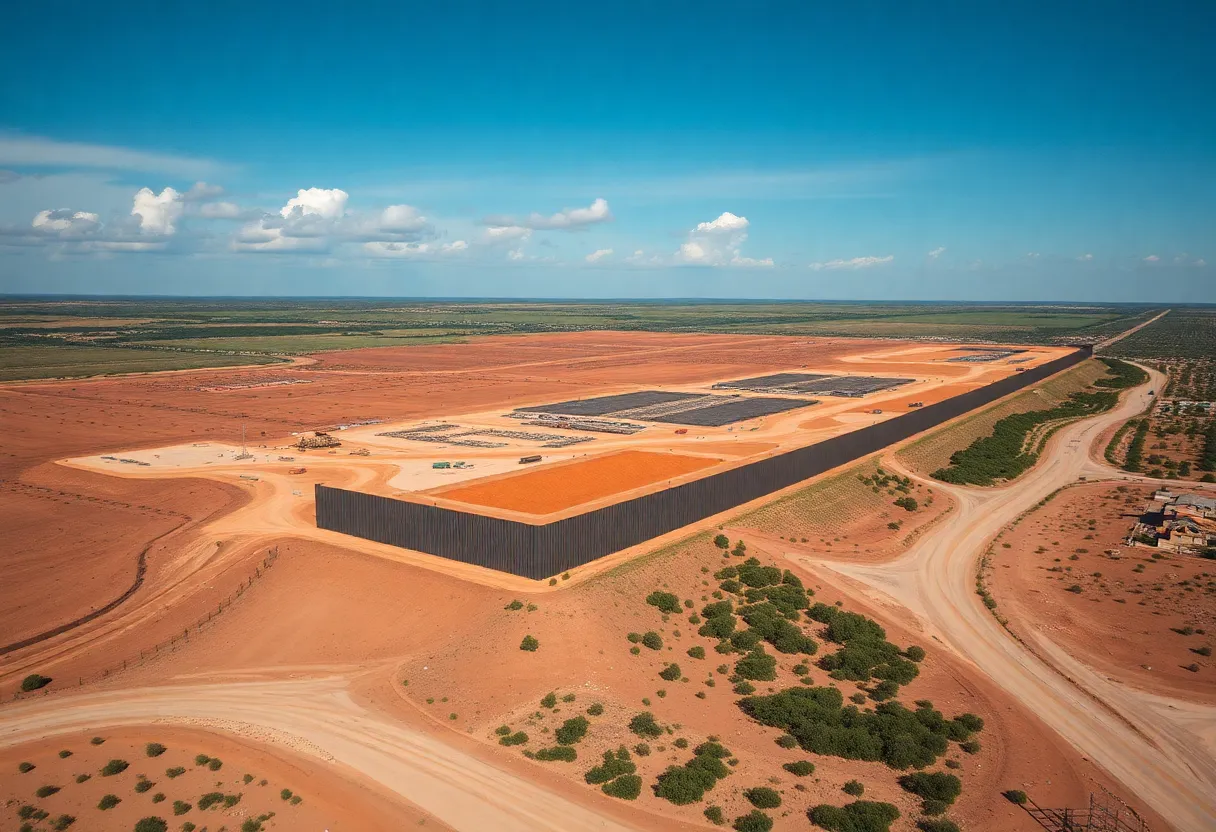 Construction of border wall extension near Tucson, Arizona, affecting wildlife corridors.
