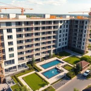 Exterior view of luxury apartment construction in Cool Springs with cranes and landscaped courtyard