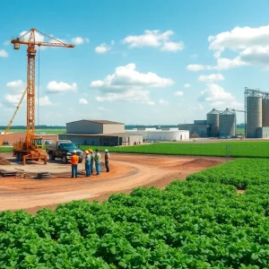 Construction site and apprenticeship training near a potato processing plant and fields in Grand Forks, North Dakota