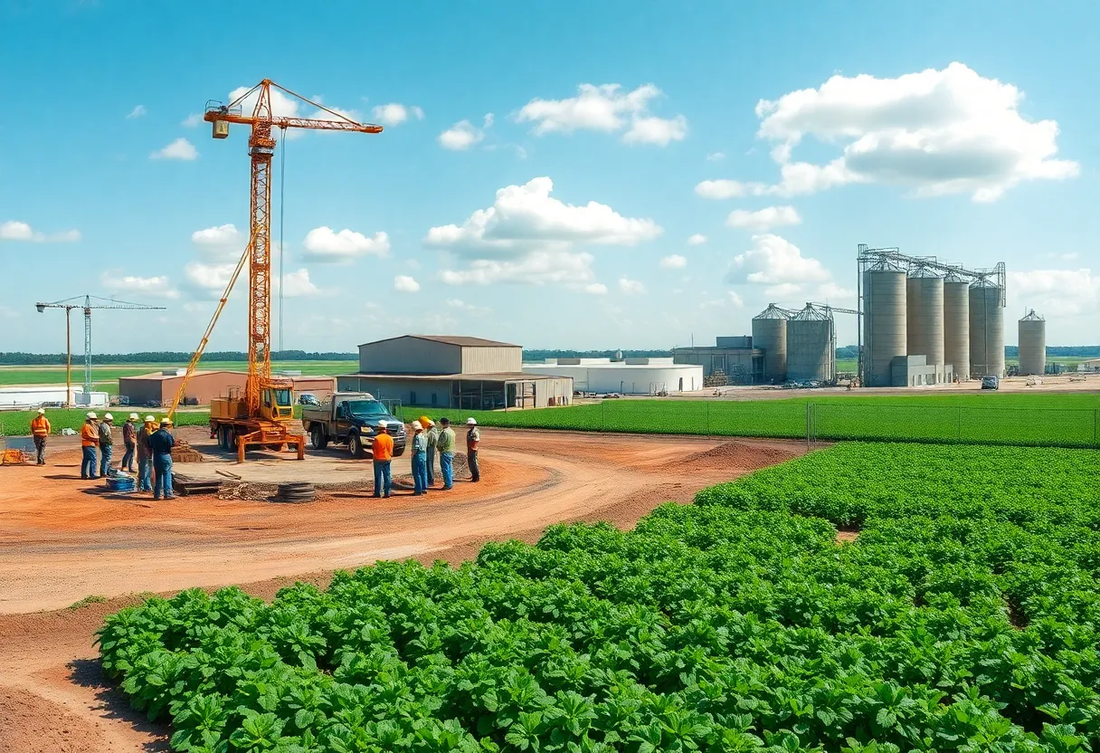 Construction site and apprenticeship training near a potato processing plant and fields in Grand Forks, North Dakota