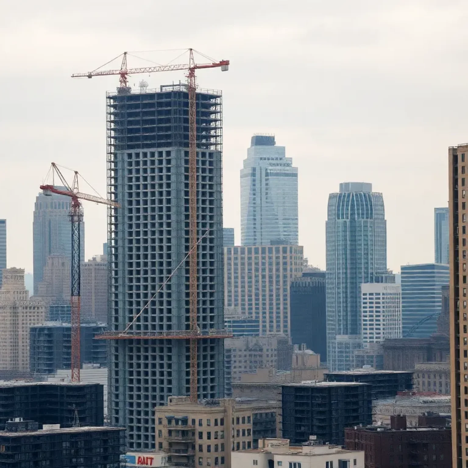 New York City skyline with stalled construction cranes, scaffolding and conversion projects