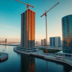 Two One Brickell Riverfront condominium towers under construction along the Miami River with cranes and waterfront reflections