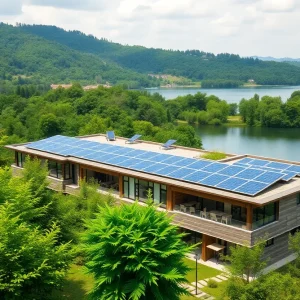 View of the new eco-friendly hotel development overlooking Lake Eola in Orlando, Florida.