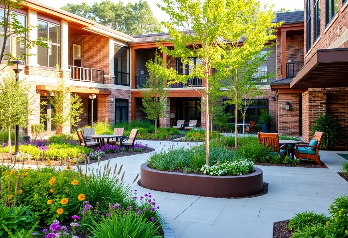 Modern senior living community in Savannah with gardens and fitness areas.