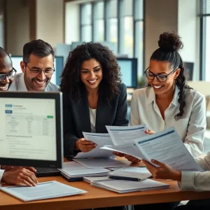 Mortgage servicers reviewing VA loan documents and mortgage data on screens in an office