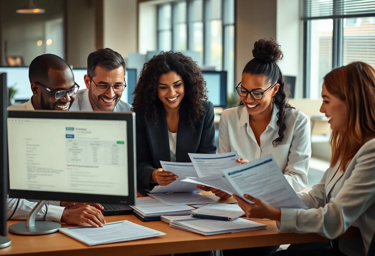 Mortgage servicers reviewing VA loan documents and mortgage data on screens in an office